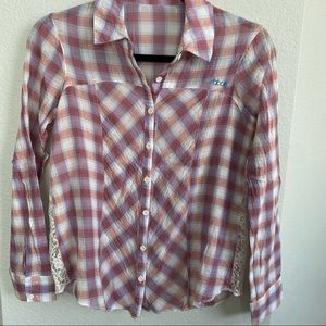 Billabong plaid button up blouse with lace detail size Small